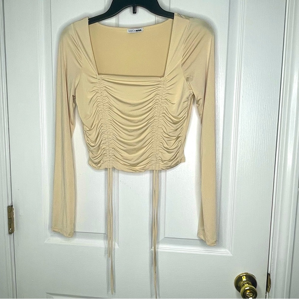 Cream Ruched Long Sleeve Cropped Blouse- Size L